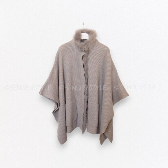 Brunello Cucinelli Women's Cashmere Poncho Cardigan Sweater Fur Brown size M - Picture 6 of 11